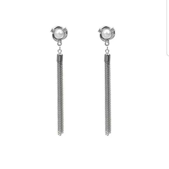 Silver Pearl Rhinstone Chain Tassel Earrings - Picture 2 of 4